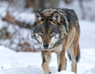 Obraz premium Wolf walking in snowy wilderness, piercing eyes, ultra realistic, 8K