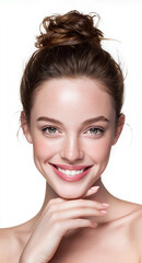 Portrait of a young smiling woman on a white background. A girl with clean, well-groomed skin holds her hand near her face. Advertisement of face care products