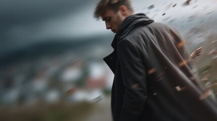 A contemplative man in a dark coat stands against a blurred background, evoking a sense of movement and introspection amidst a dramatic atmosphere.