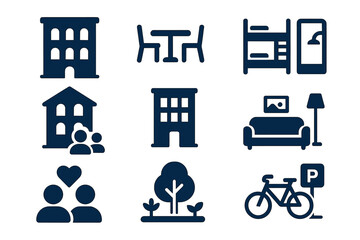 Modern living symbols representing housing, communal spaces, and outdoor activities in an urban environment