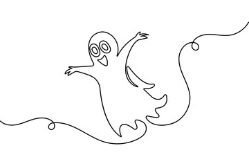 Continuous one line halloween ghost drawing in minimalist outline style isolated vector design

