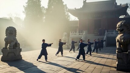 Young Martial Artists Practicing Tai Chi in Ancient Chinese Temple Courtyard