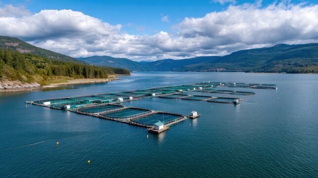 Salmon farming nets growing fish in sechelt inlet, british columbia