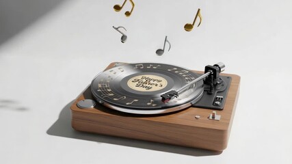 Elegant turntable spinning a 'Happy Father's Day' record with musical notes falling around in a