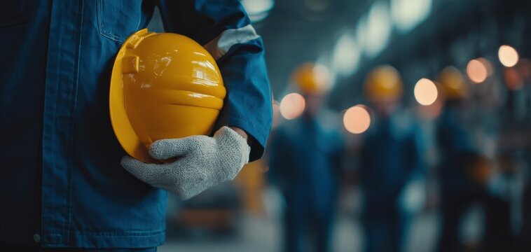 The construction worker holding a yellow hard hat in a busy industrial setting.