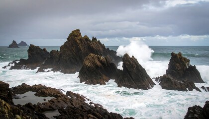 Obraz premium Rocky coastline under stormy sky