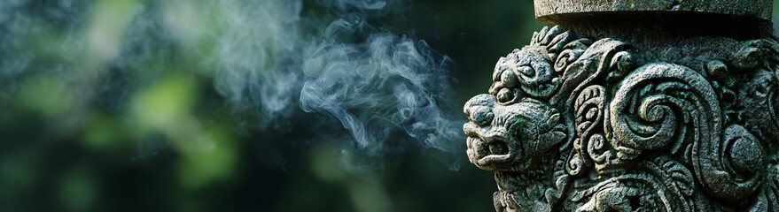 Fototapeta premium Modern Carving Exuding Green Background Intricate a Smoke photo stock Against Stone high-quality Blurred in stylish composition, for creative projects