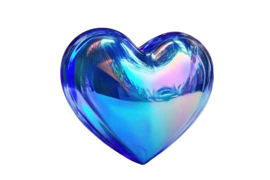 Iridescent blue heart shape isolated on transparent background. Blue heart fluid holographic Iridescent isolated on white background, 3d rendering.