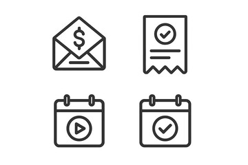 Icon collection representing finance, notifications, and scheduling in minimalistic design style suitable for digital applications