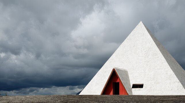 Pyramid-shaped building under a dramatic sky.