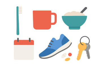 Morning routine essentials including toothbrush, coffee mug, bowl of cereal, running shoe, calendar, and keys on a bright background