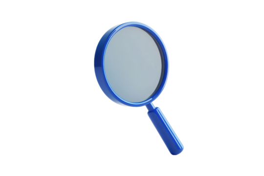 Blue magnifying glass isolated on transparent background. Blue magnifying glass isolated on white background, 3d rendering.
