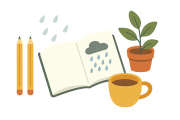 Cozy indoor setting with coffee, plant, open notebook, and pencils during a rainy day