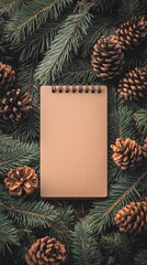 Fototapeta premium Blank notebook on pine backdrop with pinecones.