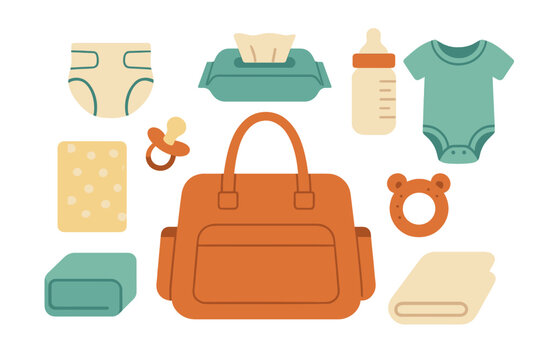 Collection of baby essentials including a diaper bag, clothing, and feeding items arranged in a layout suitable for new parents