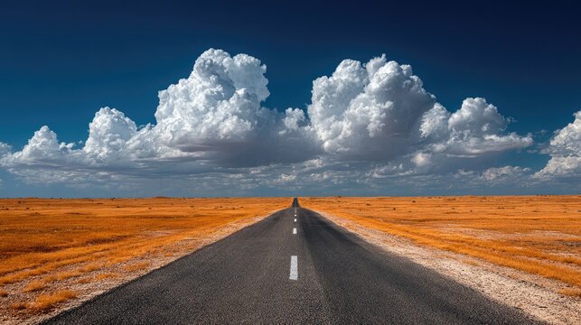 A long, straight asphalt road vanishes into the distance under a dramatic, cloud-filled sky over a flat, dry, golden landscape