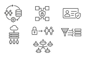 Data management and cybersecurity concepts illustrated through icons representing networks, databases, and security measures