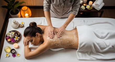 Obraz na płótnie Canvas Young woman having body scrubbing procedure with sea salt in spa salon, top view