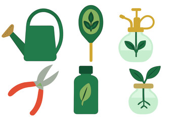 Gardening tools and plant elements for indoor and outdoor planting activities in a minimalist design