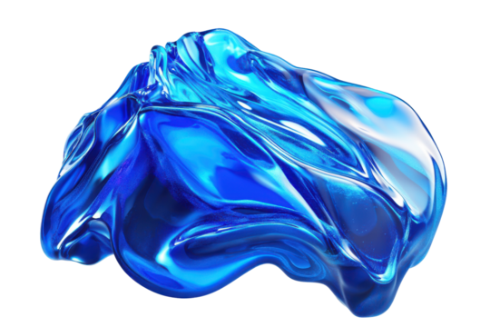 Abstract blue liquid blob isolated on transparent background. Blue water drops fluid holographic Iridescent isolated on white background, 3d rendering.