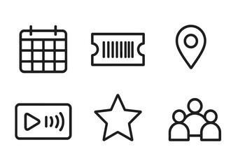 Simple icons representing event planning, ticket booking, location tracking, multimedia, ratings, and social networking interactions