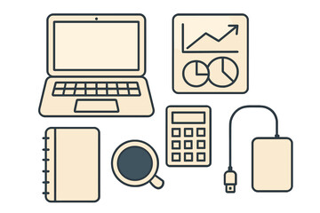 Workspace setup includes a laptop, notes, coffee, calculator, and charts showcasing productivity during office hours