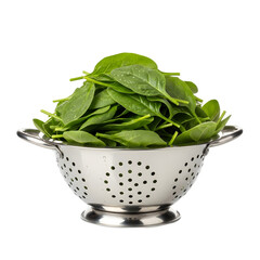 Fresh spinach leaves in a metal colander, isolated on transparent background