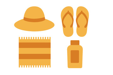 Summer beach essentials including a straw hat, flip flops, towel, and sunscreen for a day by the ocean