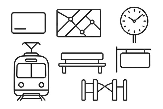 Various transportation and direction symbols including a train, clock, map, bench, and signboard at a transit station