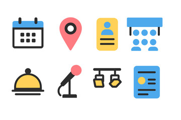 Event planning elements displayed in a digital format showcasing various icons and symbols for successful organization