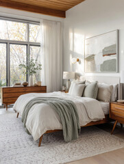 Modern cozy bedroom with natural light, wooden furniture and soft neutral tones creating a serene, inviting atmosphere.