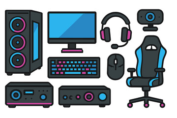 Gaming setup features computer, keyboard, mouse, headphones, monitor, webcam, and gaming chair with vibrant colors