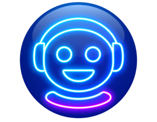 Circular Neon Chatbot Icon with Smiling Robot Face, Futuristic Style, Isolated on Dark Transparent