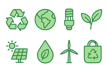 Green symbols representing sustainability, renewable energy, and environmental awareness in a modern design