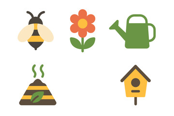 Colorful icons representing gardening and nature themed activities and elements in a simple, minimalist style
