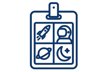 Fototapeta premium Creative space-themed illustration featuring rocket, astronaut, planet, and moon designs in a clipboard layout for educational purposes