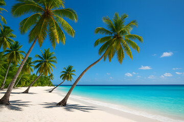 Obraz premium Untouched paradise: Serene shores under clear skies, adorned with graceful palms and crystalline water providing an