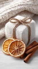 Naklejka premium Cozy winter scene with gift, dried oranges, and cinnamon