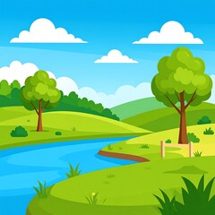 Obraz premium Serene landscape with a meandering river, lush green hills, and trees under a bright blue sky