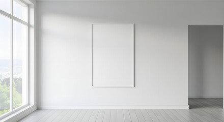 Fototapeta premium Bright and spacious modern empty room interior with large window and blank vertical frame on a white wall, offering a clean minimalist design for creative projects or home staging.