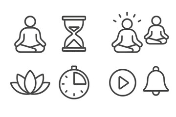 Meditation and mindfulness symbols featuring hourglass, lotus, and timer in a peaceful arrangement for relaxation and focus