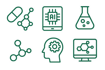 Multiple icons representing technology, science, and artificial intelligence in a modern design format