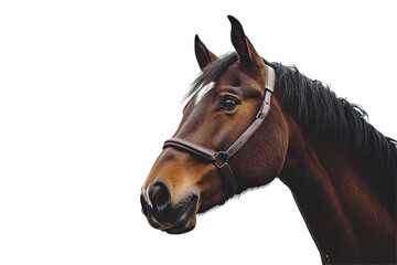 Close up portrait of a beautiful bay horse head with bridle isolated on transparent background. Brown horse isolated on white background.