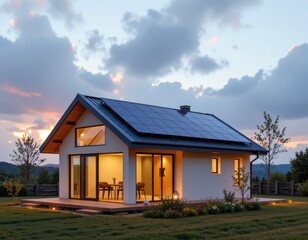 Fototapeta premium Modern eco-friendly house with solar panels during twilight under a colorful sky and green landscape