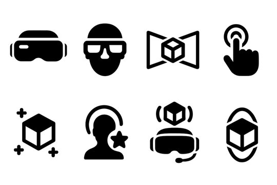 Virtual reality icons showcasing immersive technology features and user interaction experiences