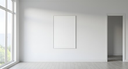 Obraz premium Minimalist interior with a blank picture frame mockup hanging on a white wall in a sunlit, empty room