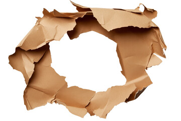 Torn cardboard frame with hole isolated on transparent background. Brown paper torn isolated on white background.