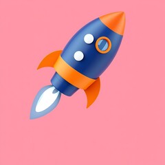 Illustration of a blue and orange rocket with white flames blasting off on a pink background