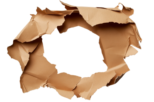 Torn cardboard frame with hole isolated on transparent background. Brown paper torn isolated on white background.