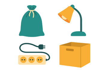 Home organization supplies including a lamp, extension cord, storage box, and bag for tidying up living spaces